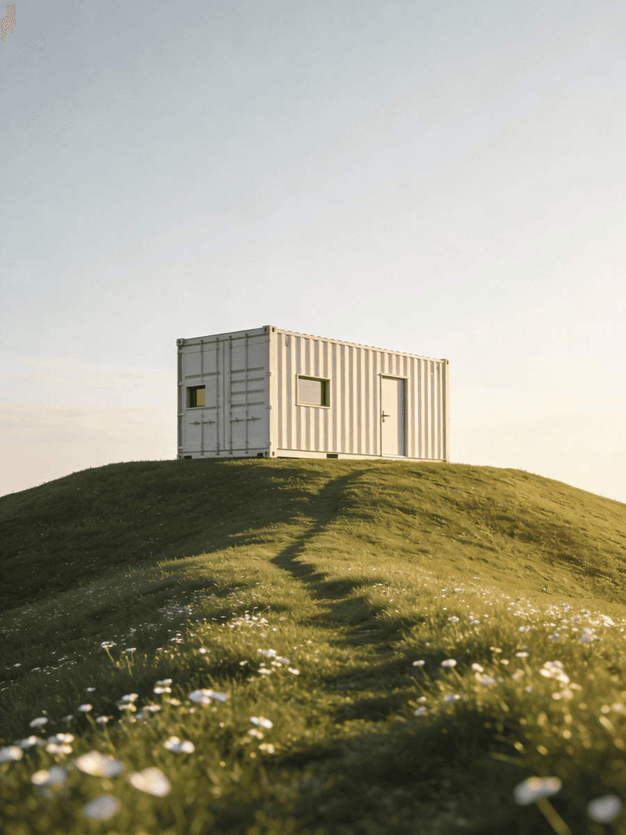 Small stone structure atop a green hill at golden sunset.