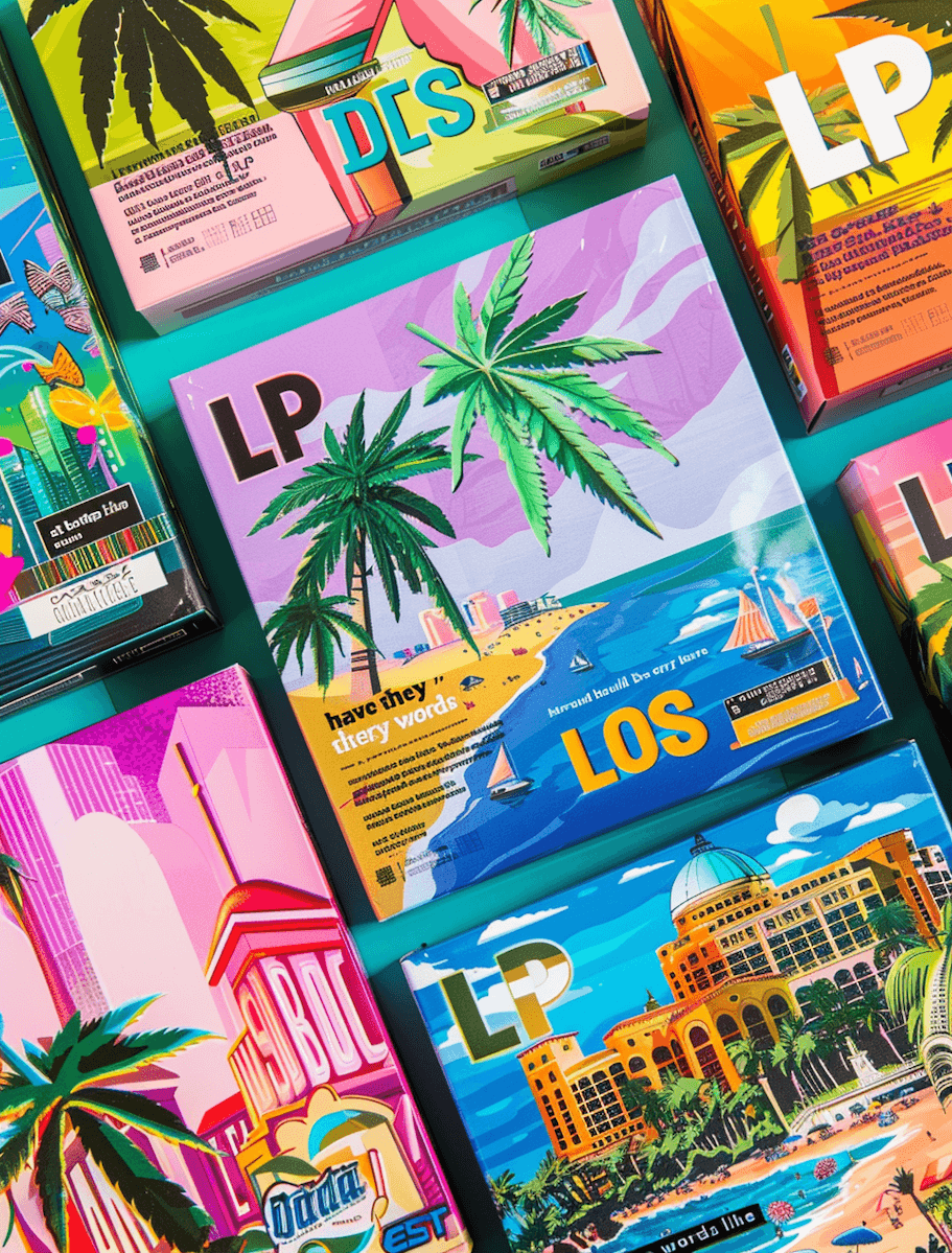 Colorful tropical-themed LP covers with palm trees and vibrant designs.