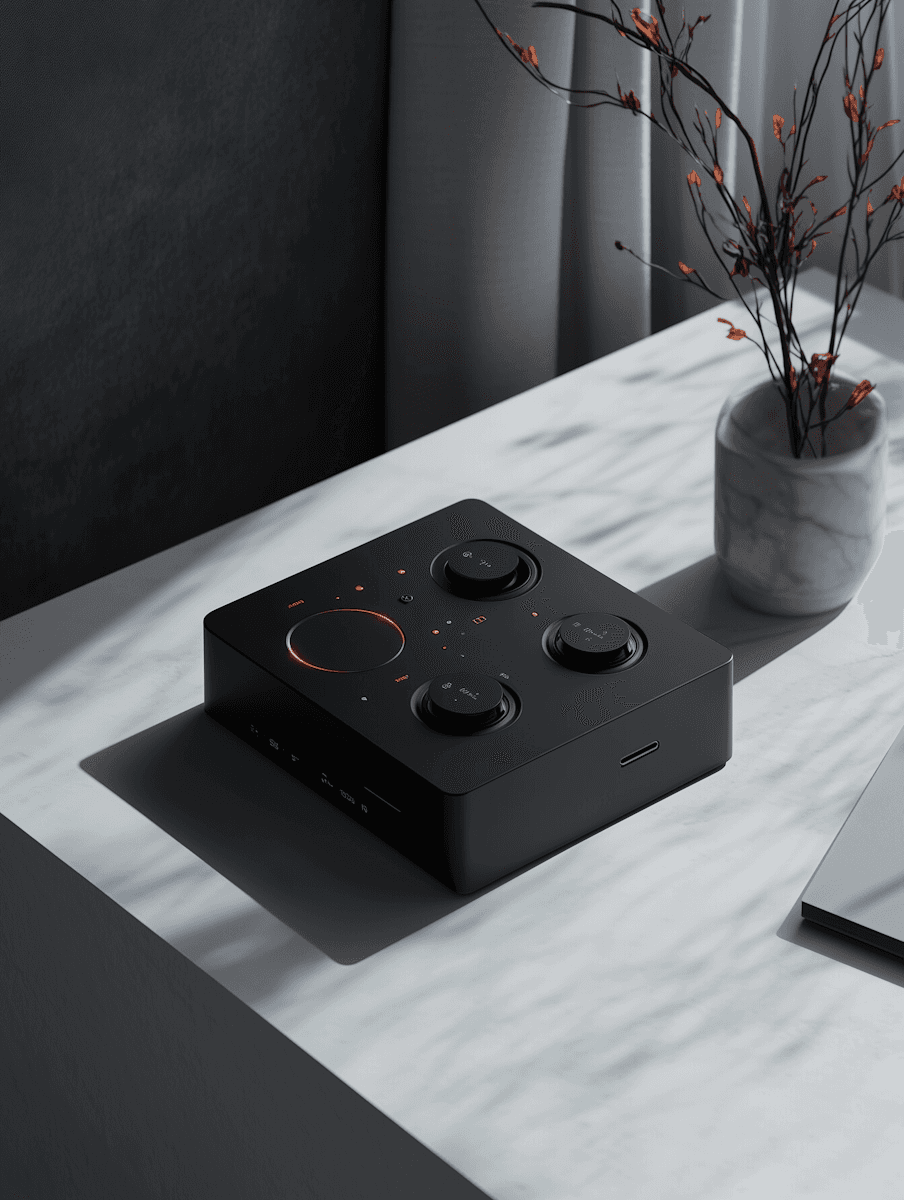 Minimal black device on a modern table with soft natural light.